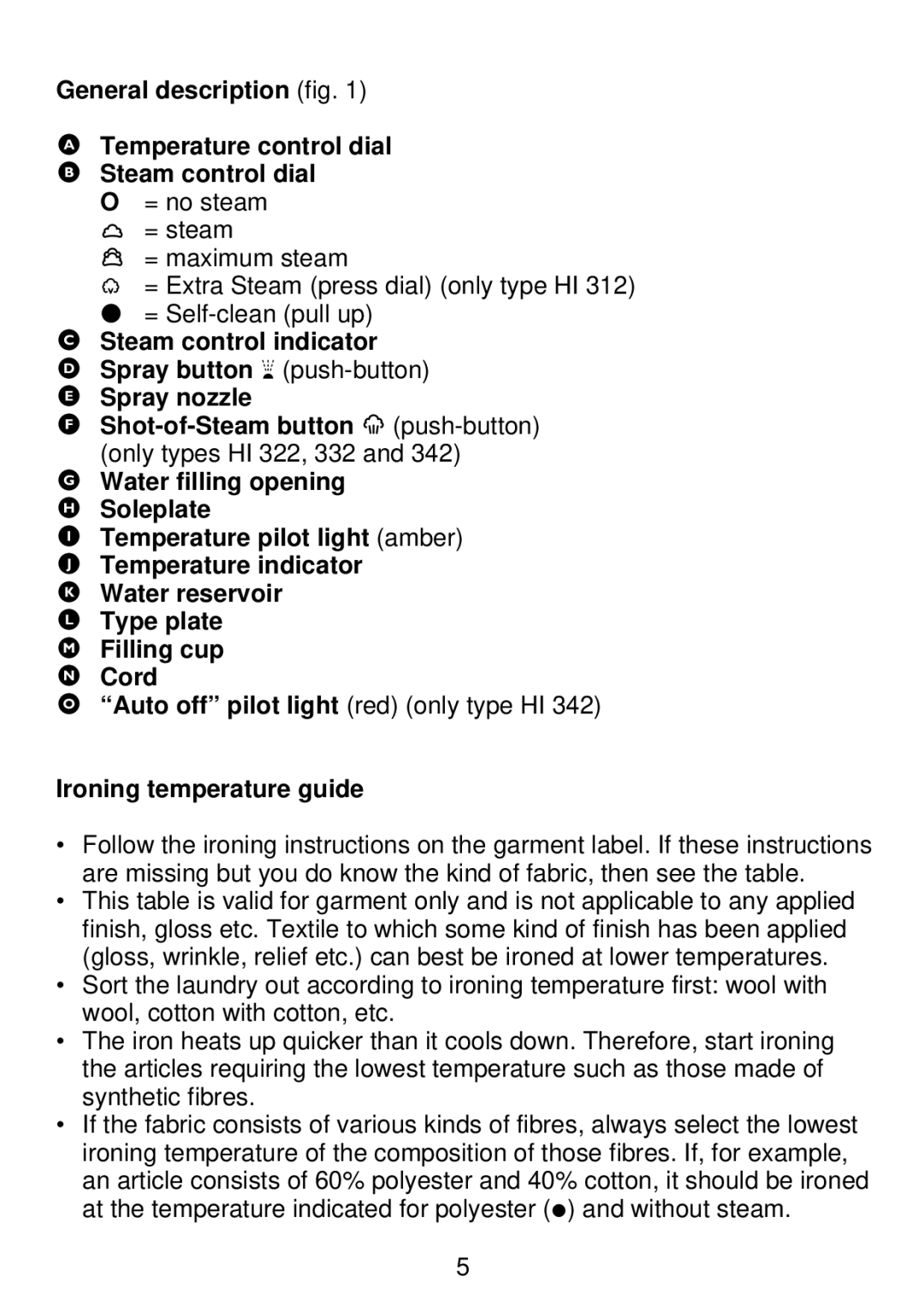 Philips HI 42, HI 32, HI 22, HI 312 manual Ironing temperature guide 