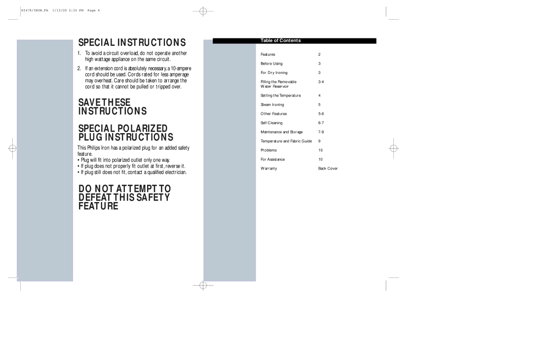 Philips HI478 manual Special Instructions, Save These Instructions Special Polarized Plug Instructions, Table of Contents 