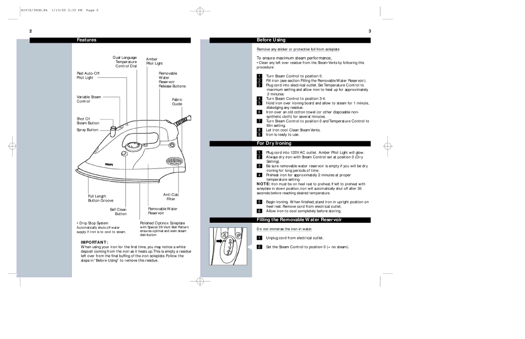 Philips HI478 manual Features, Before Using, For Dry Ironing, Filling the Removable Water Reservoir 