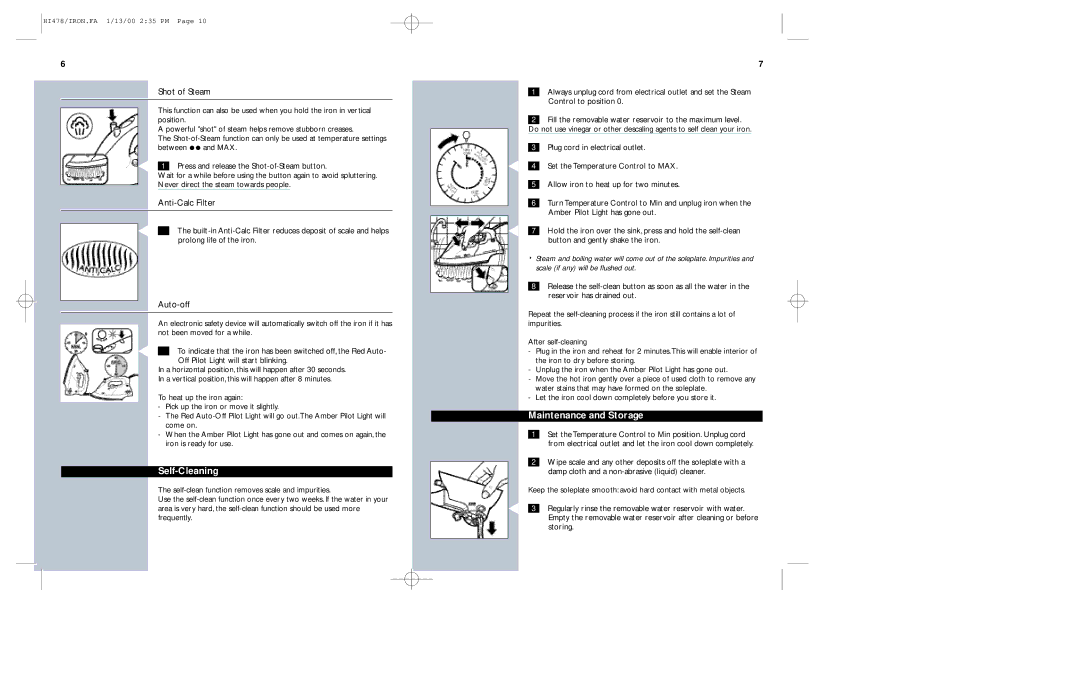 Philips HI478 manual Self-Cleaning, Maintenance and Storage, Shot of Steam, Anti-Calc Filter, Auto-off 