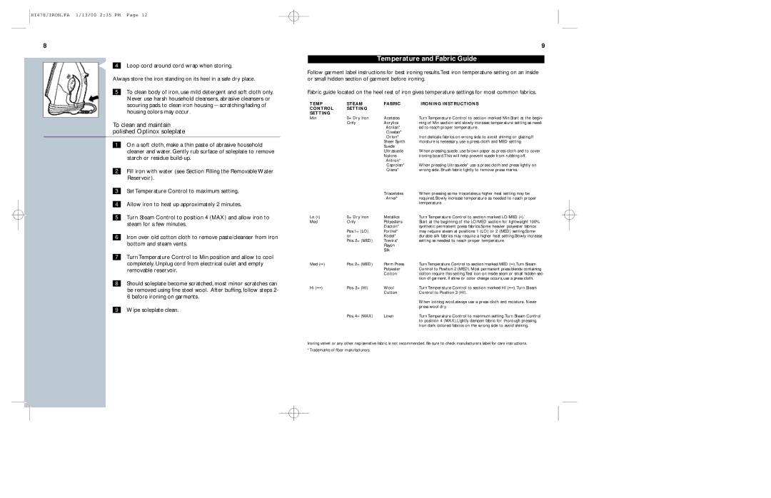 Philips HI478 manual Temperature and Fabric Guide, To clean and maintain Polished Optinox soleplate 