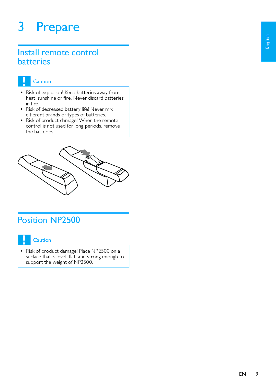 Philips HK-0947-NP2500-FR user manual Prepare, Install remote control batteries, Position NP2500 