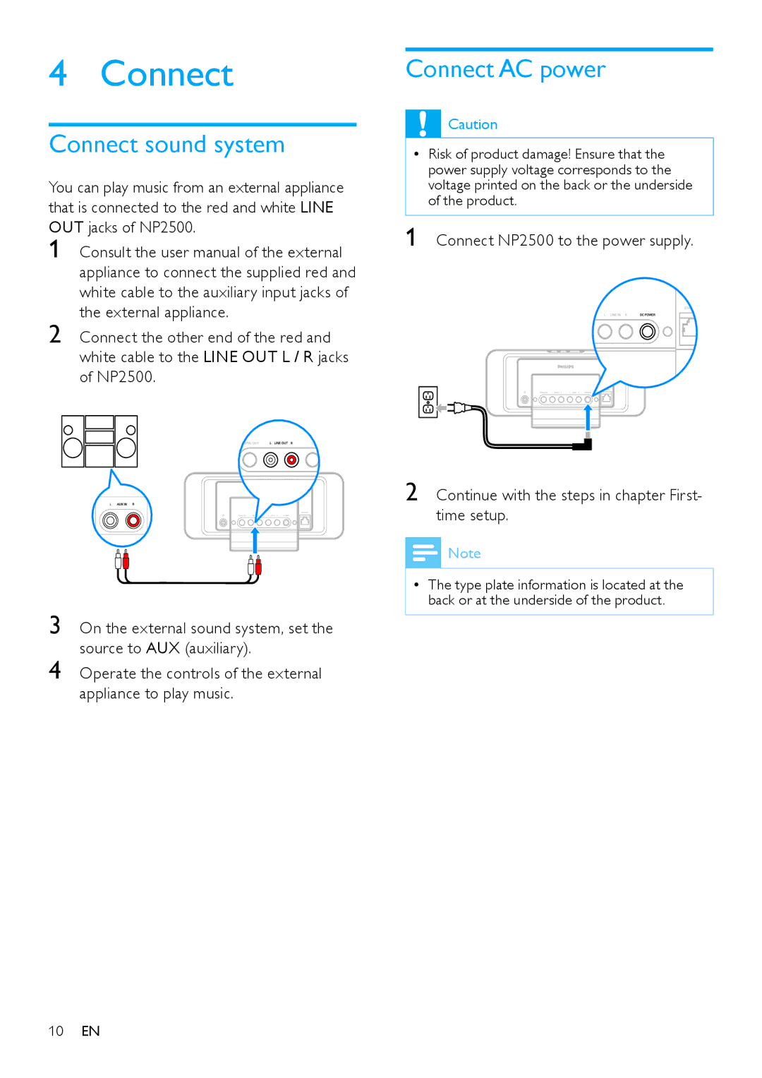 Philips HK-0947-NP2500-FR user manual Connect sound system, Connect AC power 