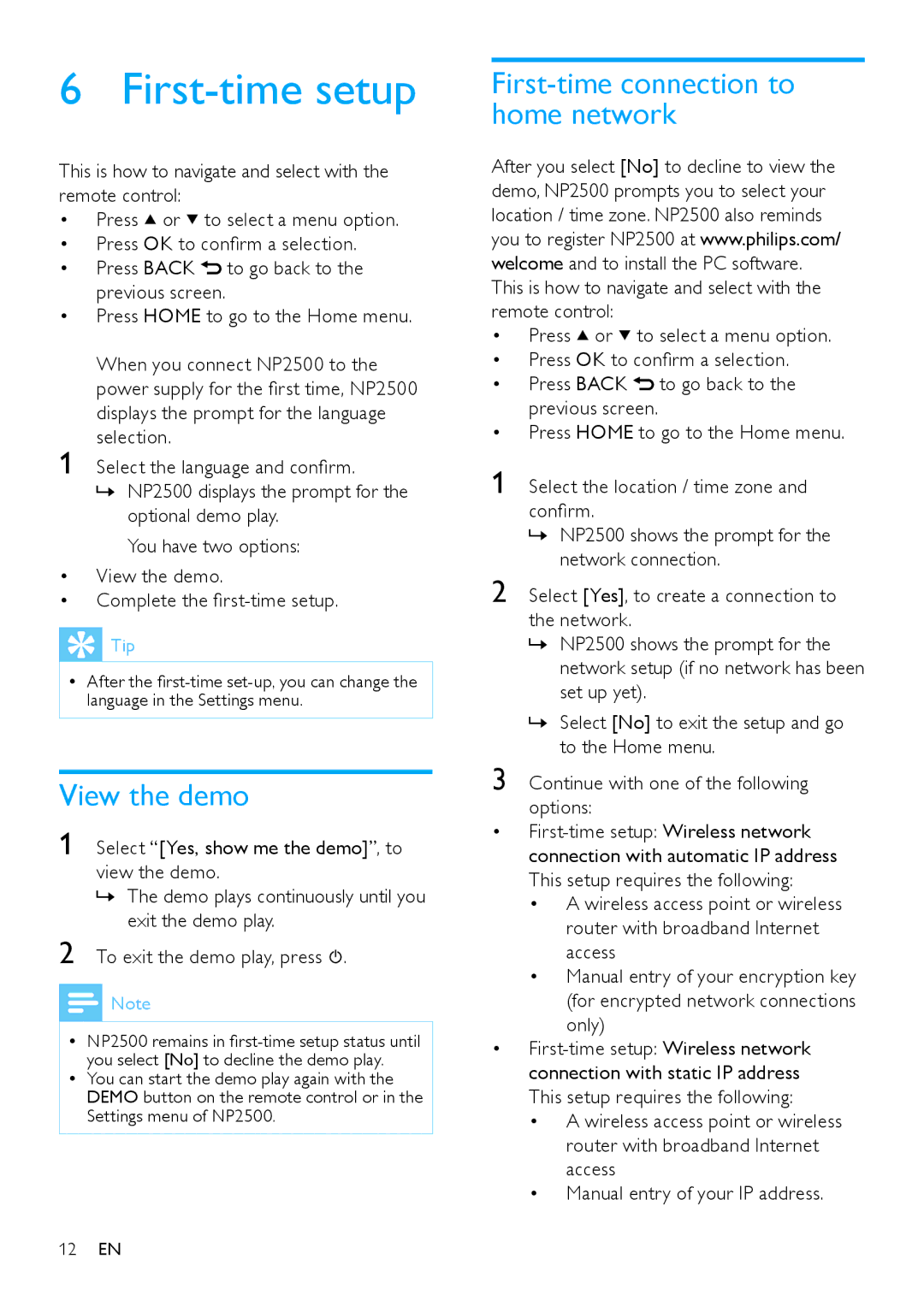 Philips HK-0947-NP2500-FR user manual First-time setup, View the demo, First-time connection to home network 