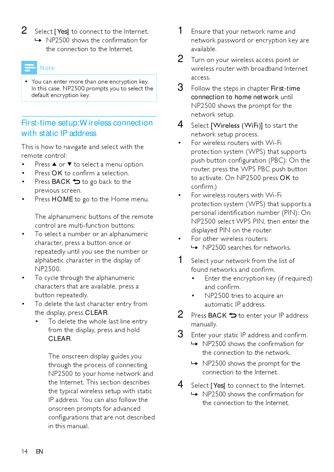 Philips HK-0947-NP2500-FR First-time setupWireless connection with static IP address, Connection to the Internet, Manually 