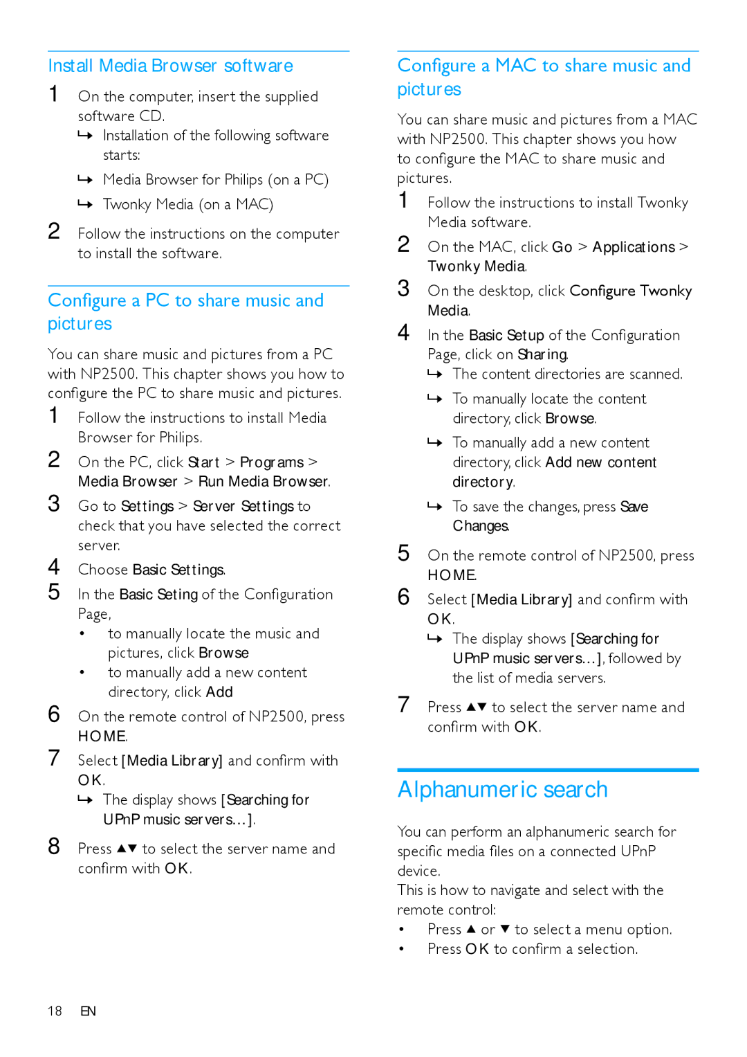 Philips HK-0947-NP2500-FR Alphanumeric search, Install Media Browser software, Configure a PC to share music and pictures 