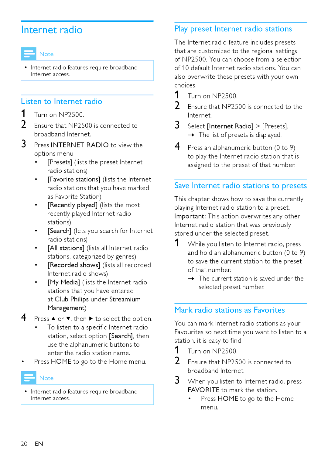 Philips HK-0947-NP2500-FR user manual Listen to Internet radio, Play preset Internet radio stations 