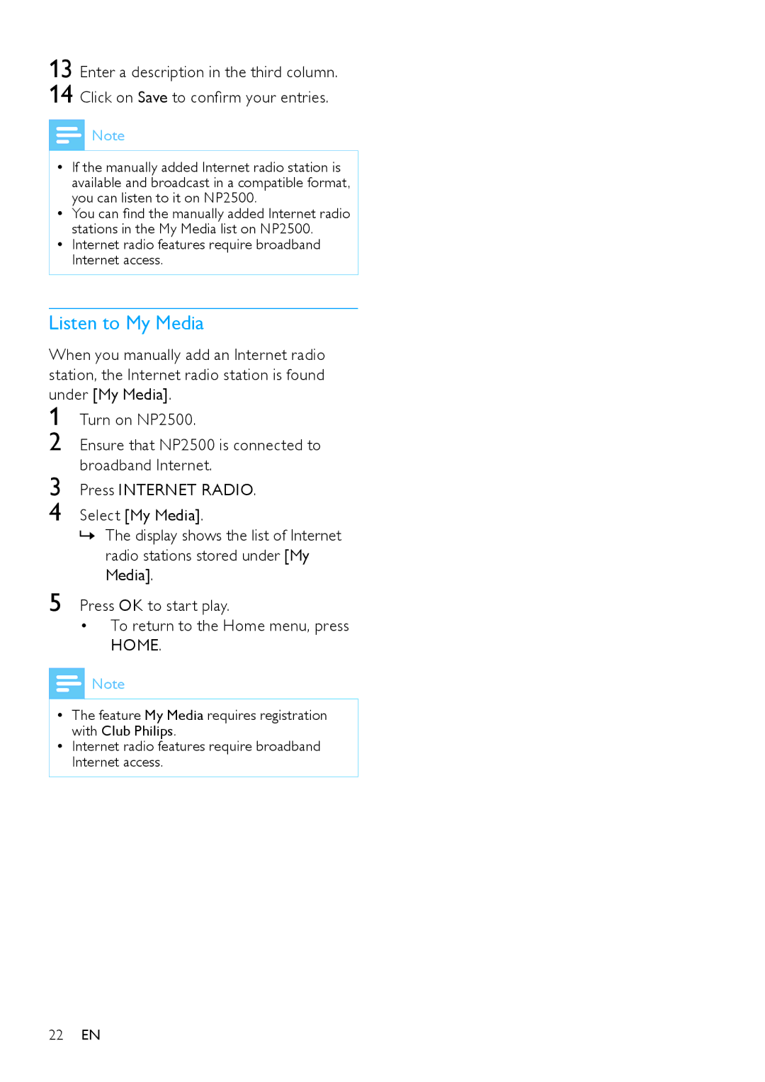 Philips HK-0947-NP2500-FR user manual Listen to My Media, Home 