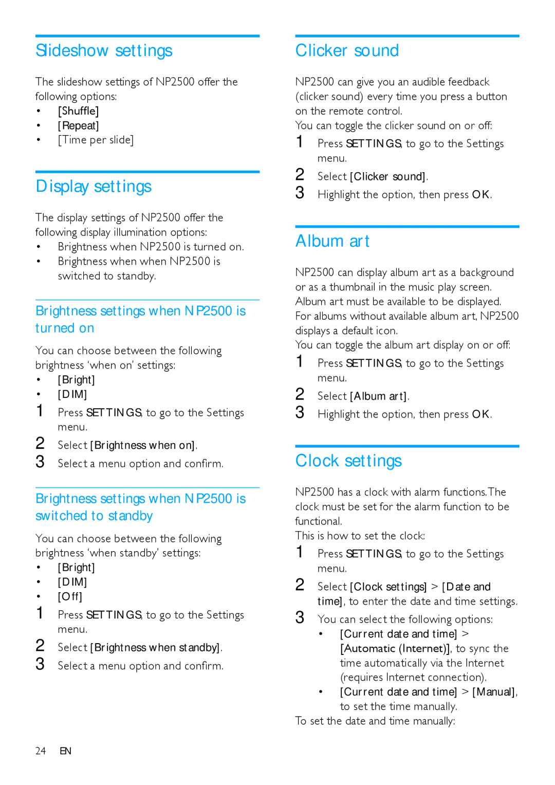 Philips HK-0947-NP2500-FR user manual Slideshow settings, Display settings, Clicker sound, Album art, Clock settings 