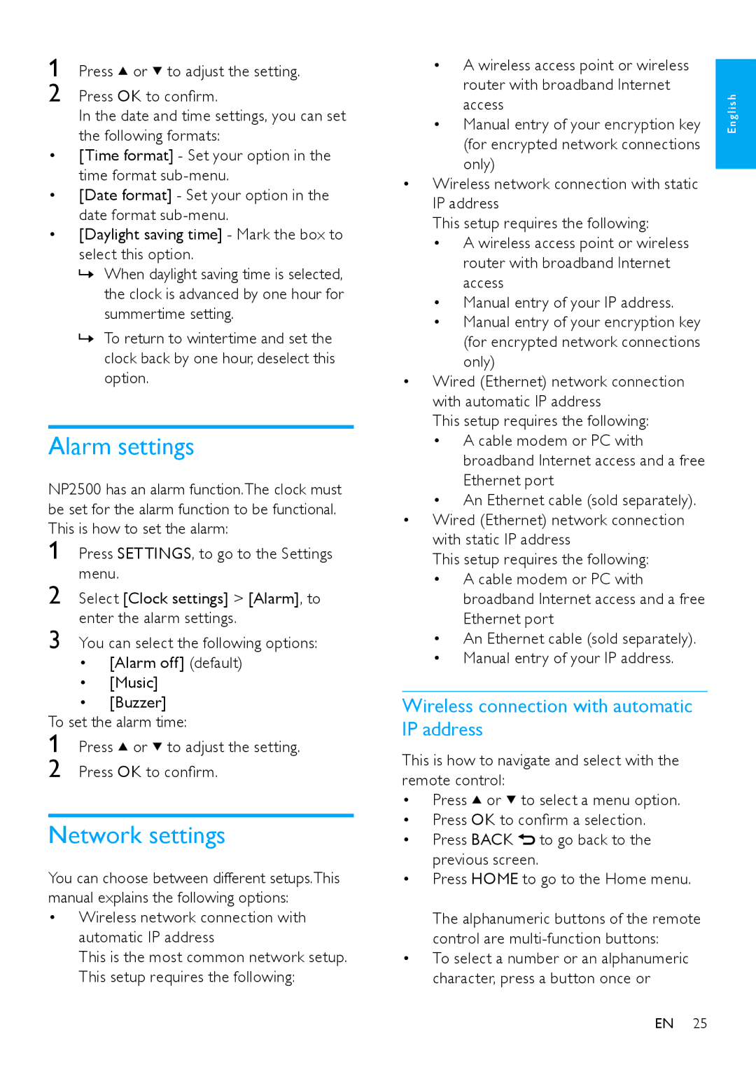 Philips HK-0947-NP2500-FR user manual Alarm settings, Network settings, Wireless connection with automatic IP address 