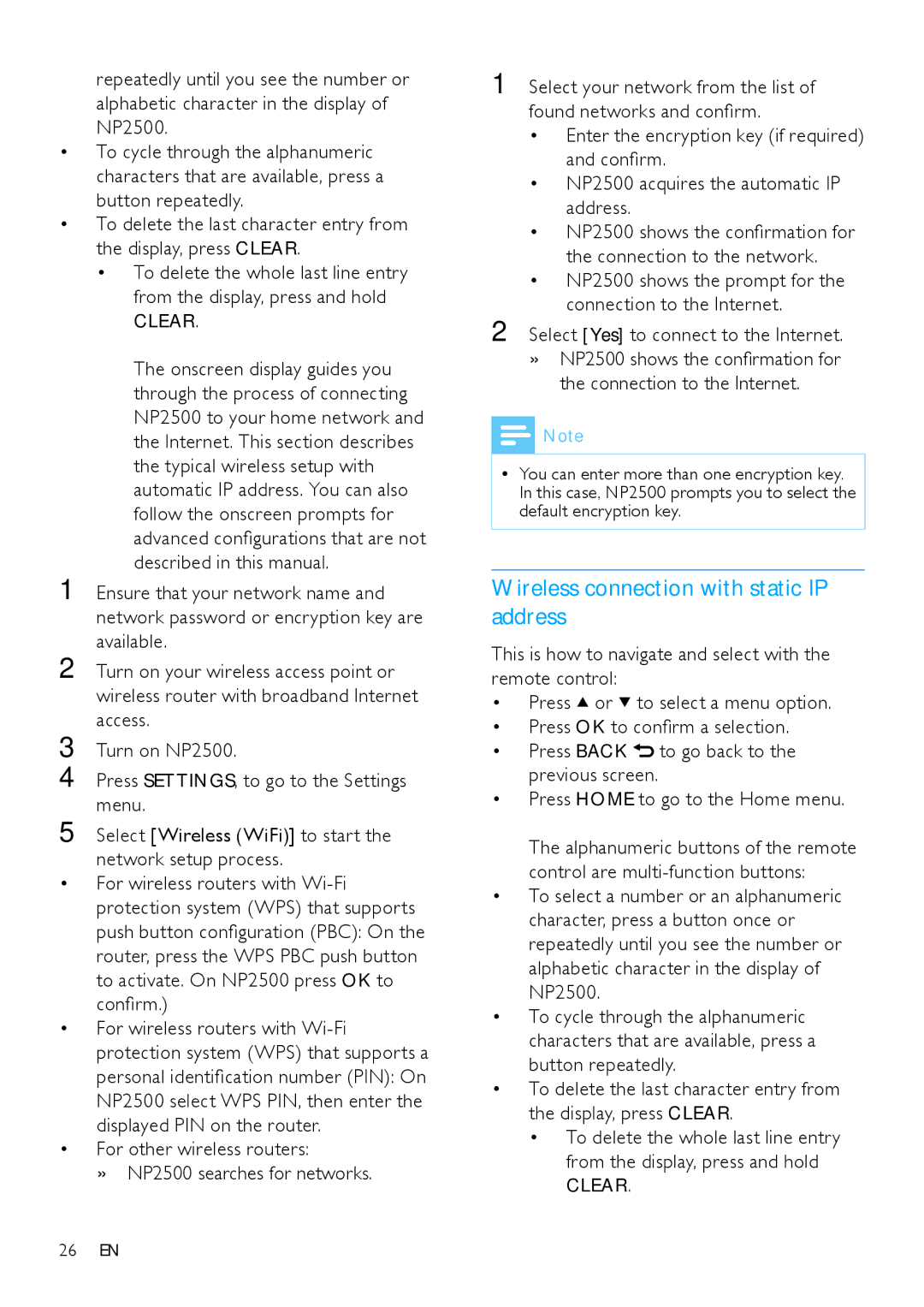 Philips HK-0947-NP2500-FR user manual Wireless connection with static IP address, Clear 