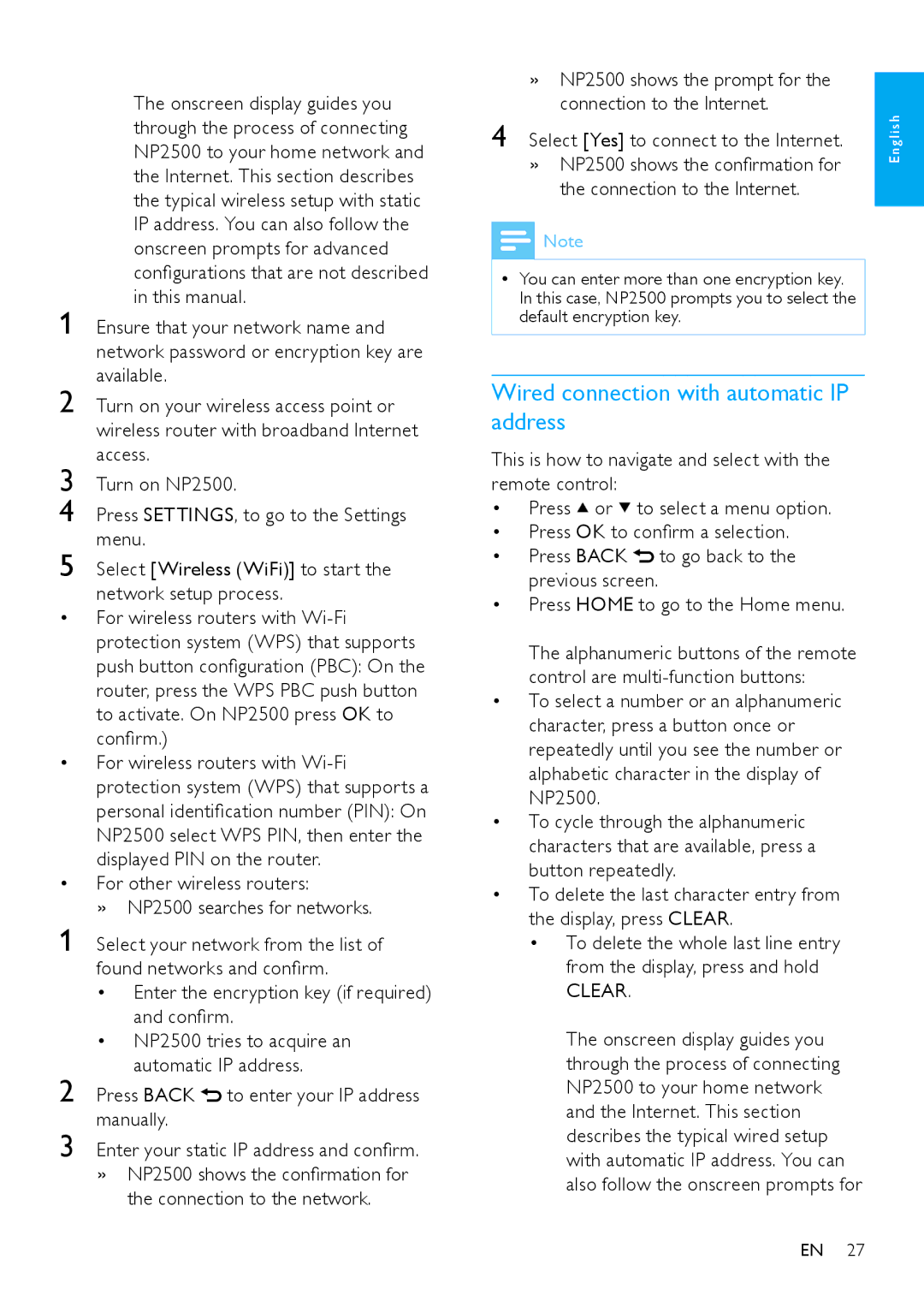 Philips HK-0947-NP2500-FR user manual Wired connection with automatic IP address, Select Yes to connect to the Internet 