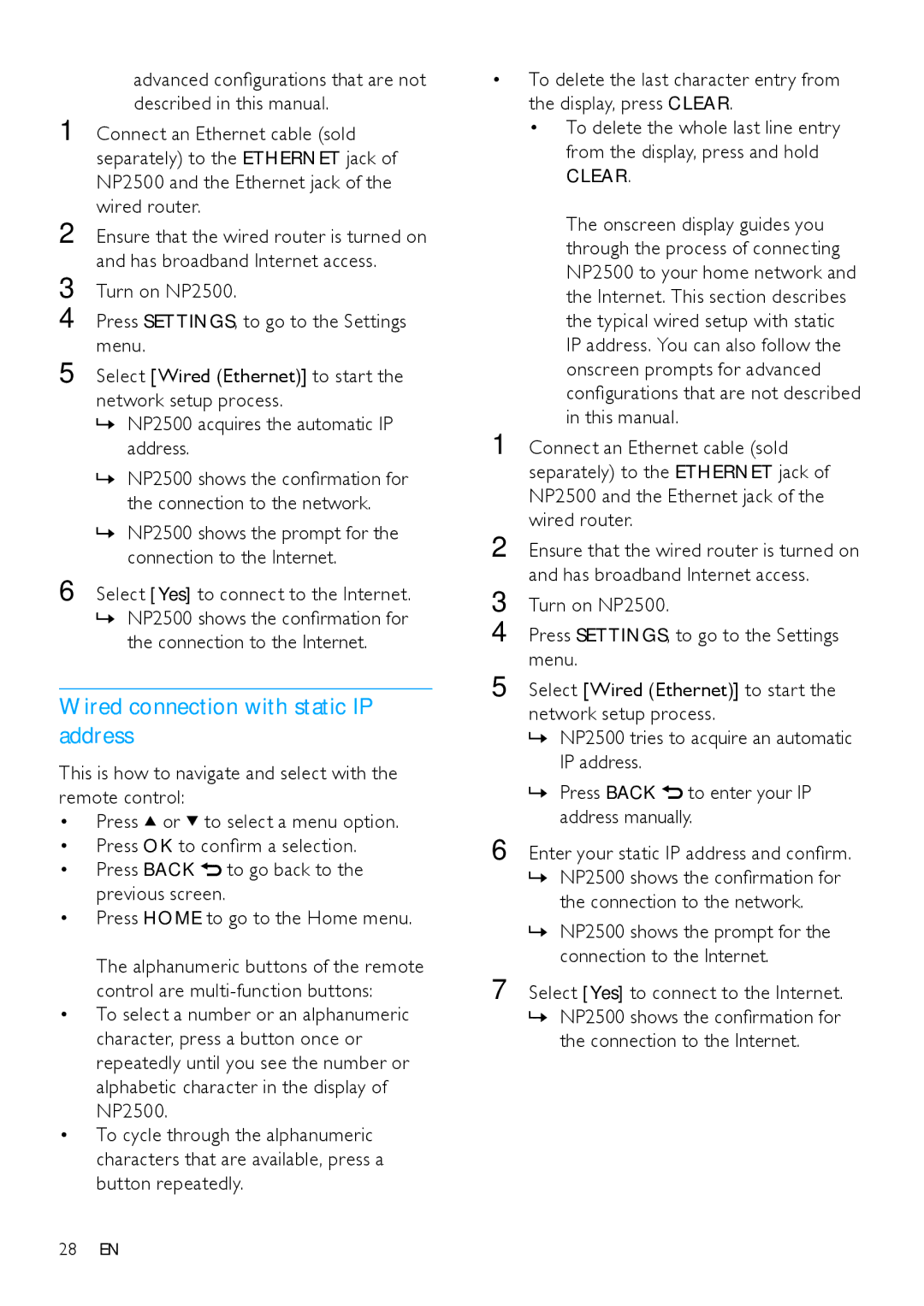 Philips HK-0947-NP2500-FR user manual Wired connection with static IP address 