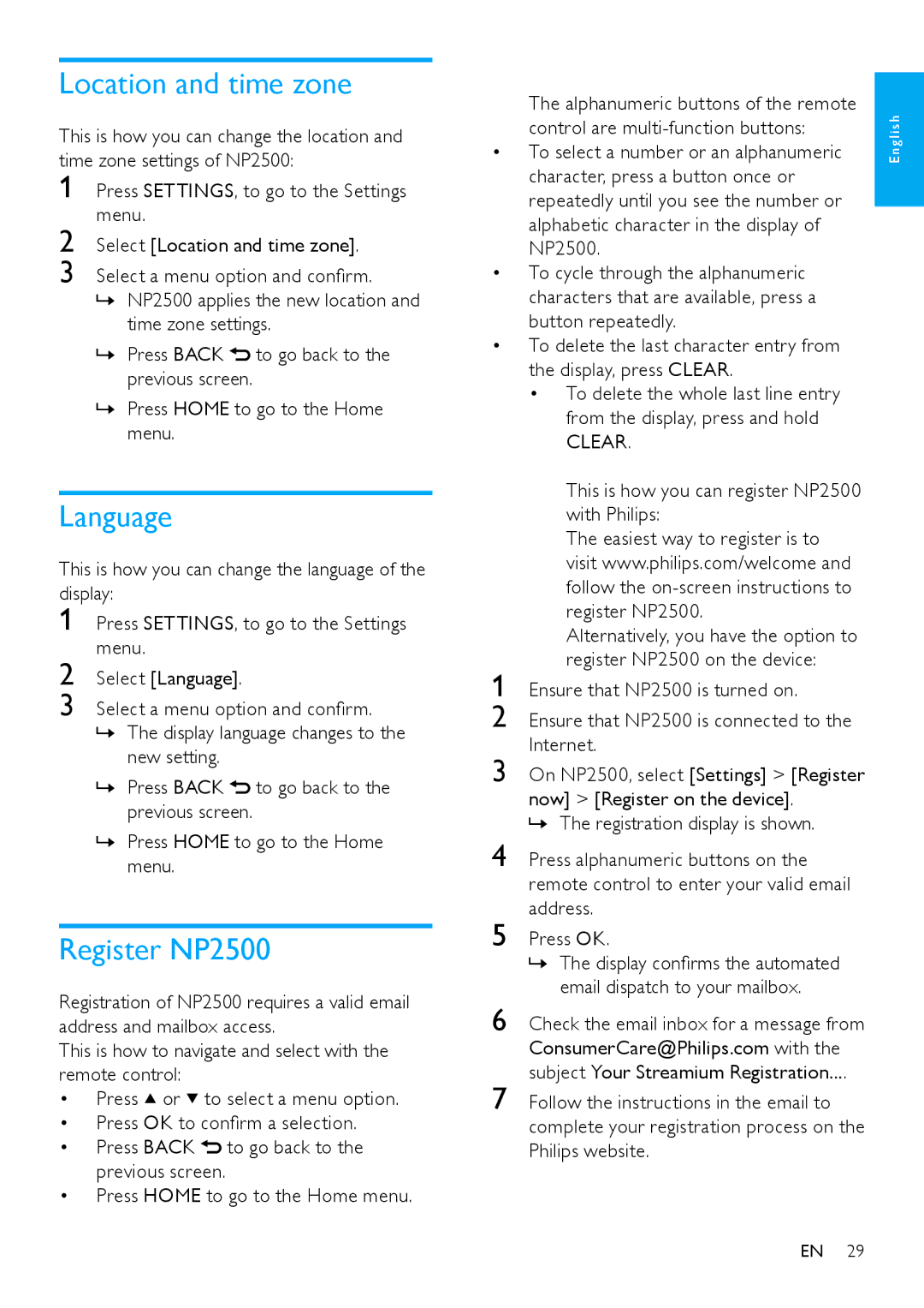 Philips HK-0947-NP2500-FR user manual »» Press Back to go back to the previous screen, Control are multi-function buttons 