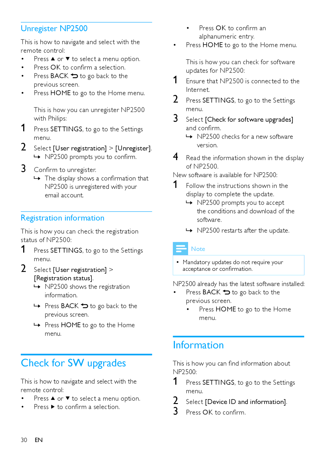 Philips HK-0947-NP2500-FR user manual Check for SW upgrades, Information, Unregister NP2500, Registration information 