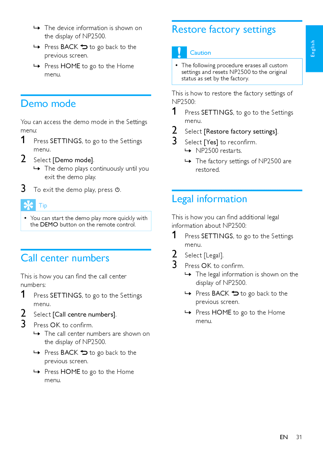 Philips HK-0947-NP2500-FR user manual Demo mode, Call center numbers, Restore factory settings, Legal information 