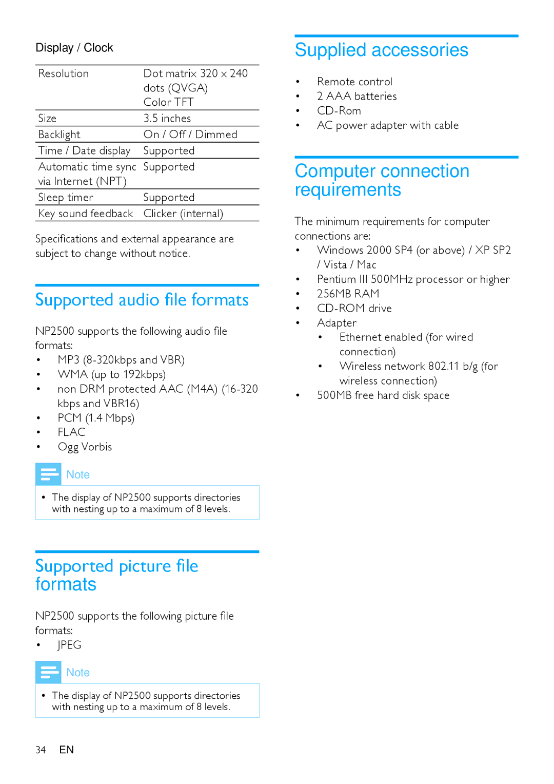 Philips HK-0947-NP2500-FR user manual Supported audio file formats, Supported picture file formats, Supplied accessories 