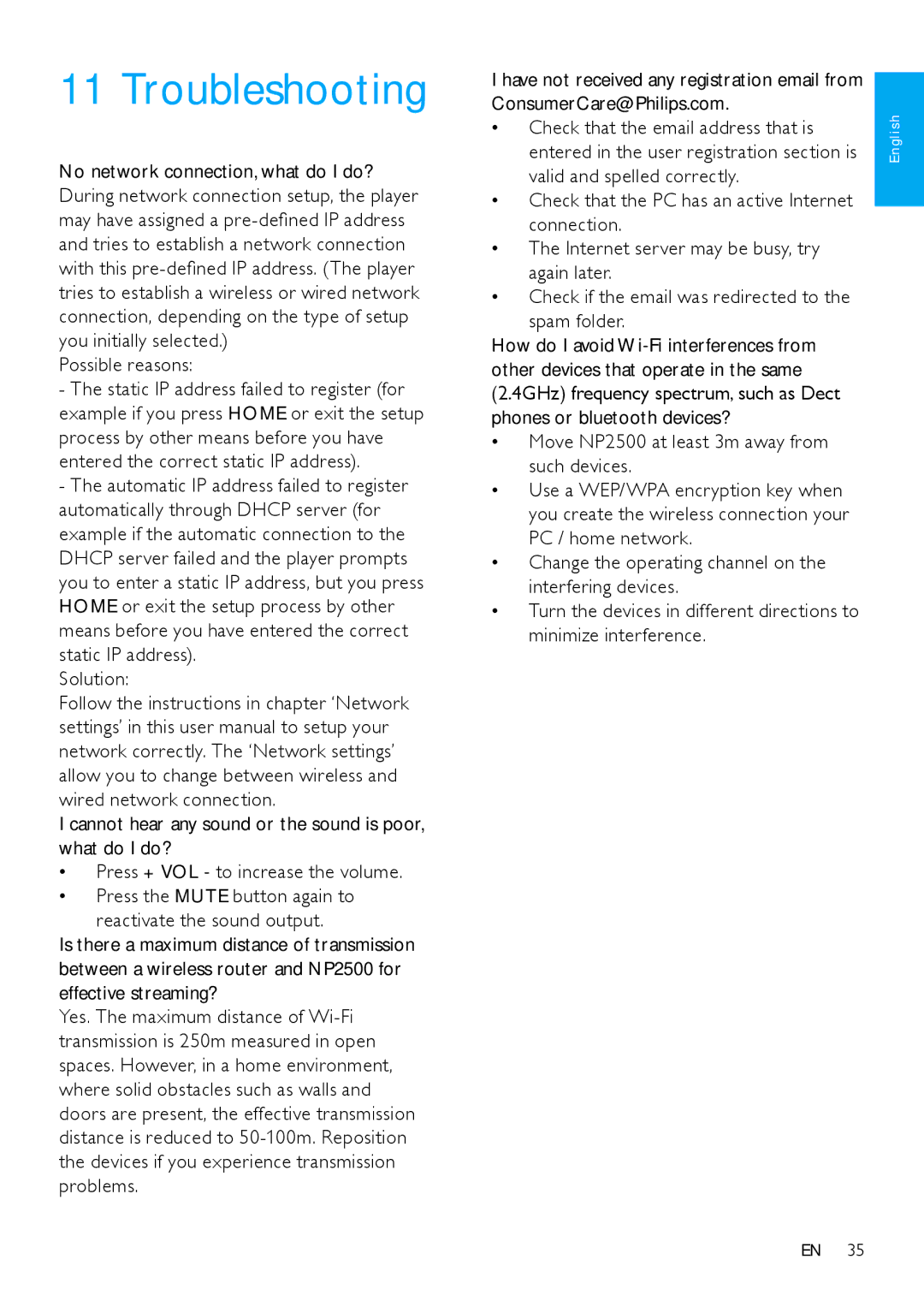 Philips HK-0947-NP2500-FR user manual Troubleshooting, Possible reasons 