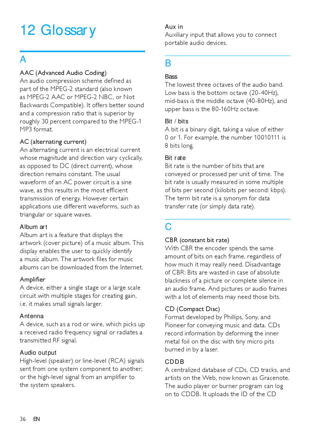 Philips HK-0947-NP2500-FR user manual Glossary, Amplifier, CBR constant bit rate, CD Compact Disc, Cddb 