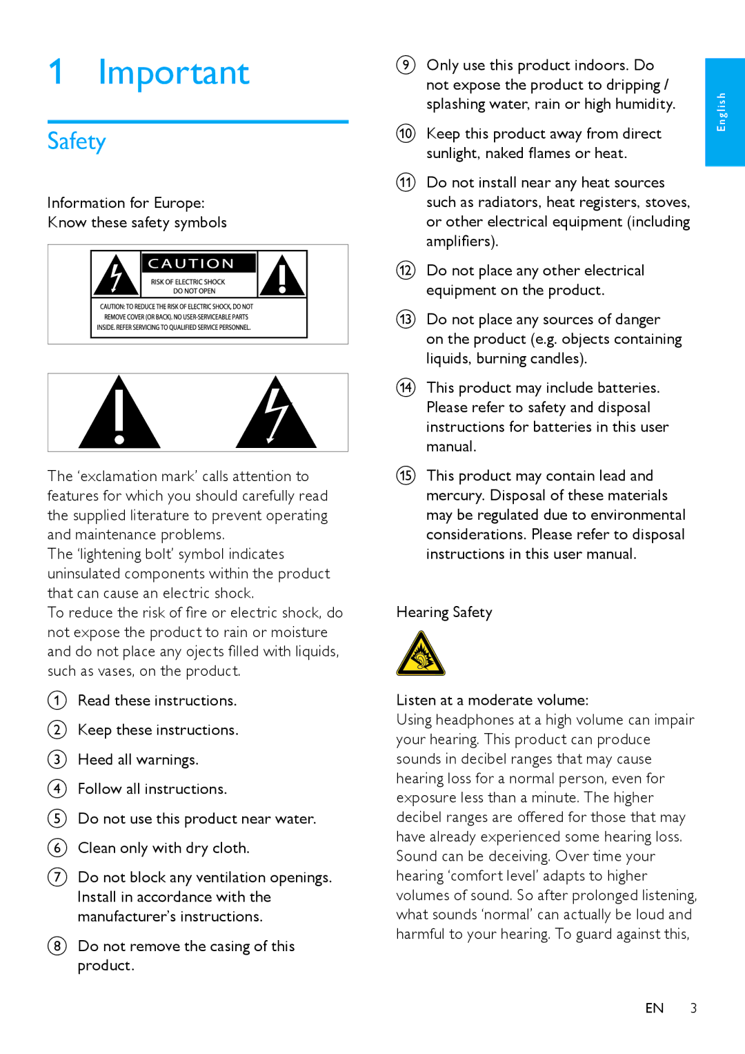 Philips HK-0947-NP2500-FR Safety, Information for Europe Know these safety symbols, Splashing water, rain or high humidity 