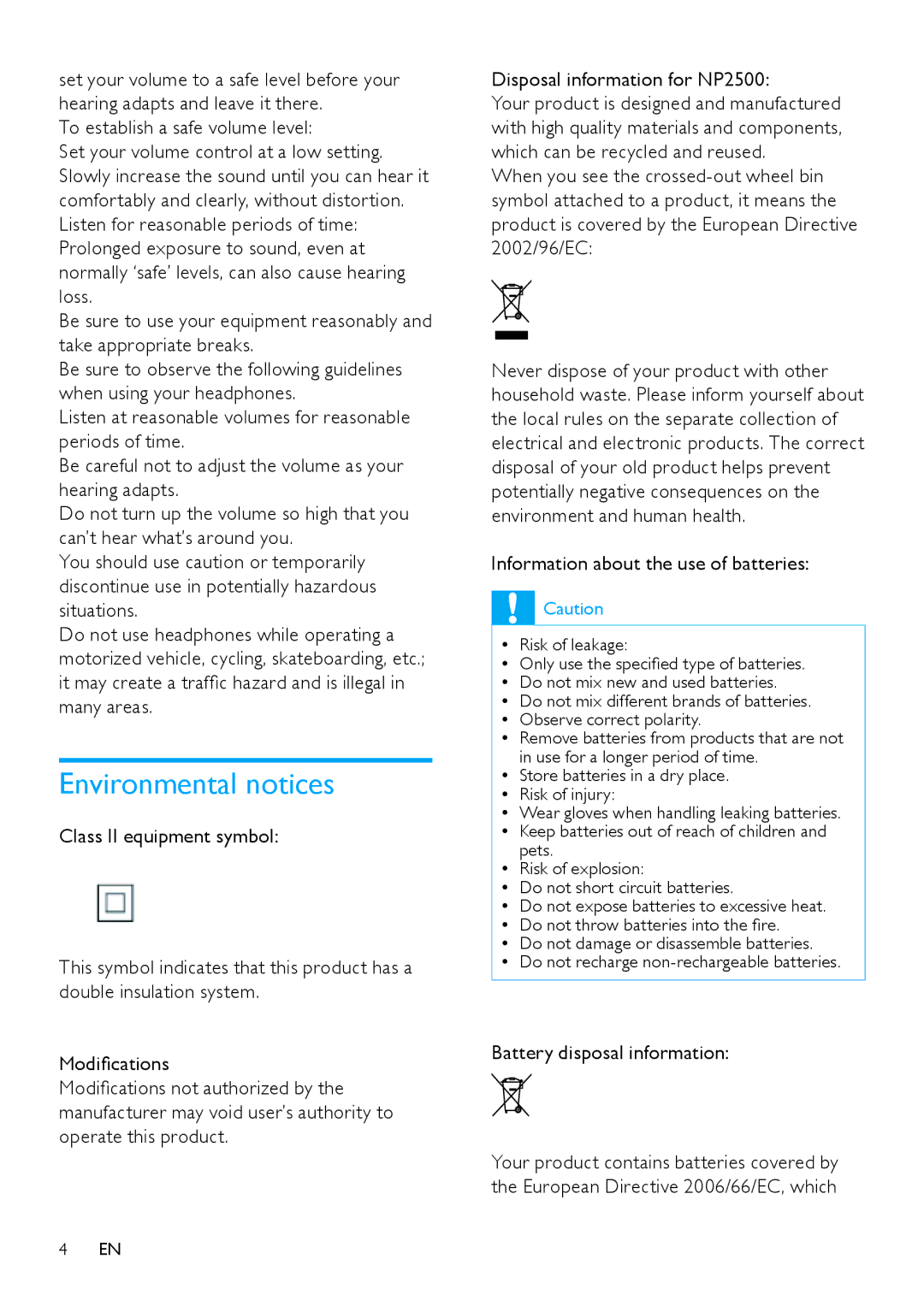 Philips HK-0947-NP2500-FR Environmental notices, Information about the use of batteries, Battery disposal information 
