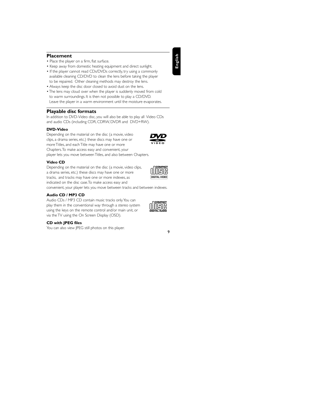 Philips HKGAC450 user manual Placement, Playable disc formats 