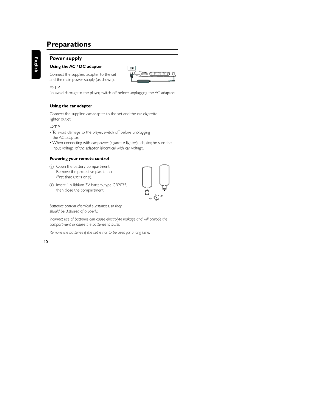 Philips HKGAC450 user manual Preparations, Power supply, Using the AC / DC adapter, Using the car adapter 