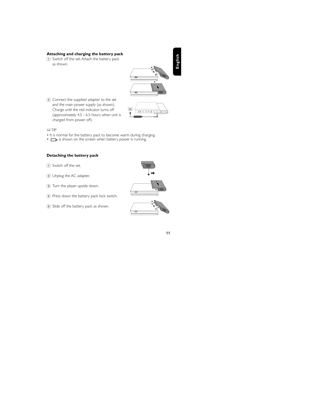 Philips HKGAC450 user manual Attaching and charging the battery pack, Detaching the battery pack 