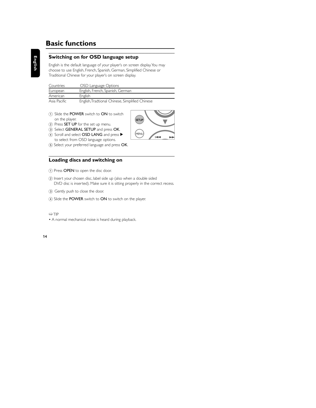 Philips HKGAC450 user manual Basic functions, Switching on for OSD language setup, Loading discs and switching on 