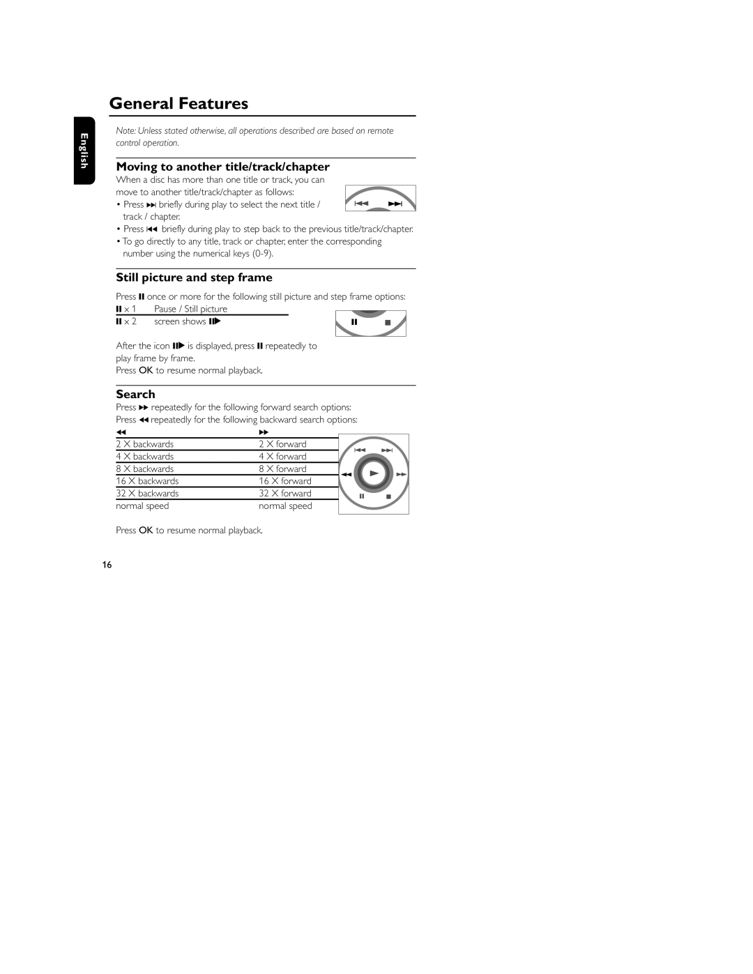 Philips HKGAC450 user manual General Features, Moving to another title/track/chapter, Still picture and step frame, Search 