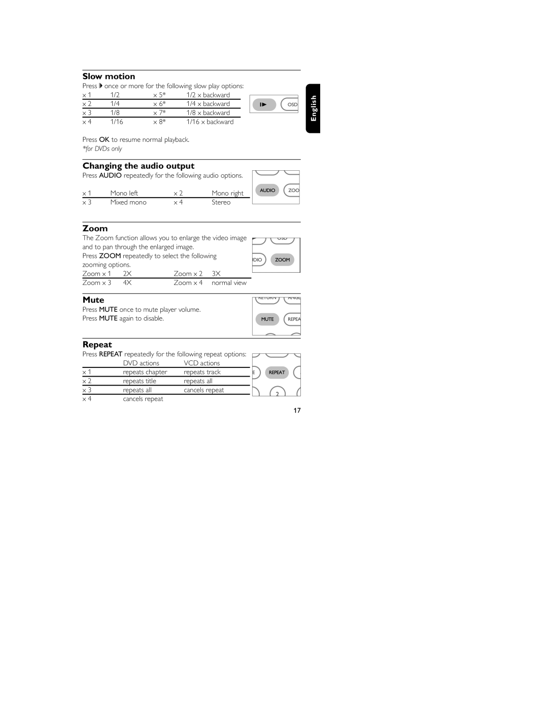 Philips HKGAC450 user manual Slow motion, Changing the audio output, Zoom, Mute, Repeat 