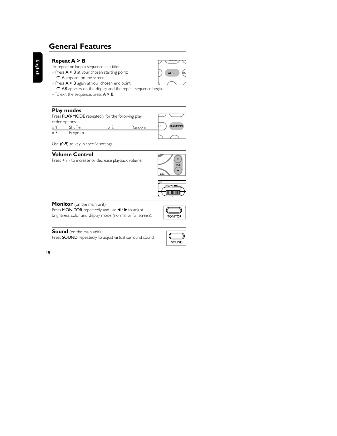 Philips HKGAC450 user manual Repeat a B, Play modes, Volume Control, Program Use 0-9 to key in specific settings 