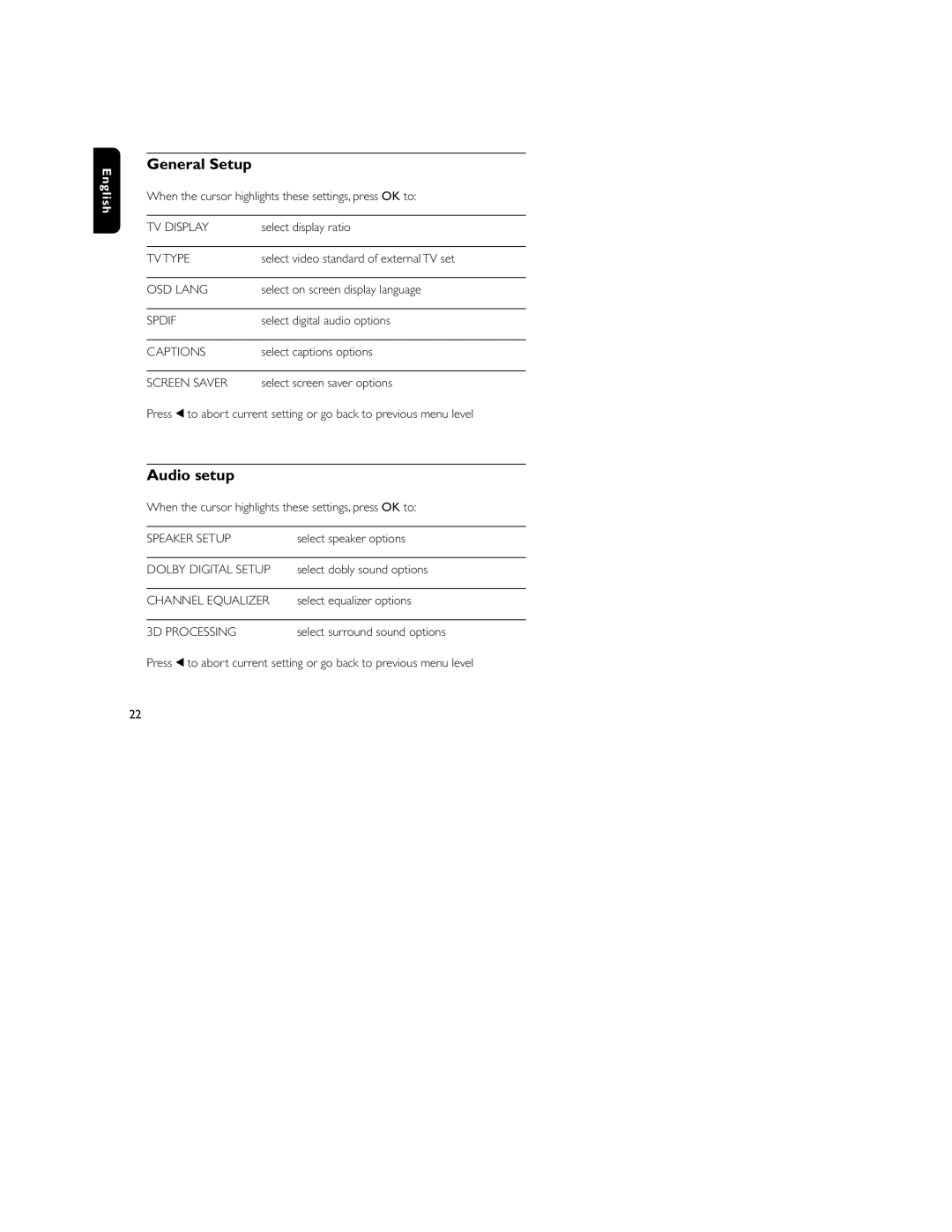 Philips HKGAC450 user manual General Setup, Audio setup 