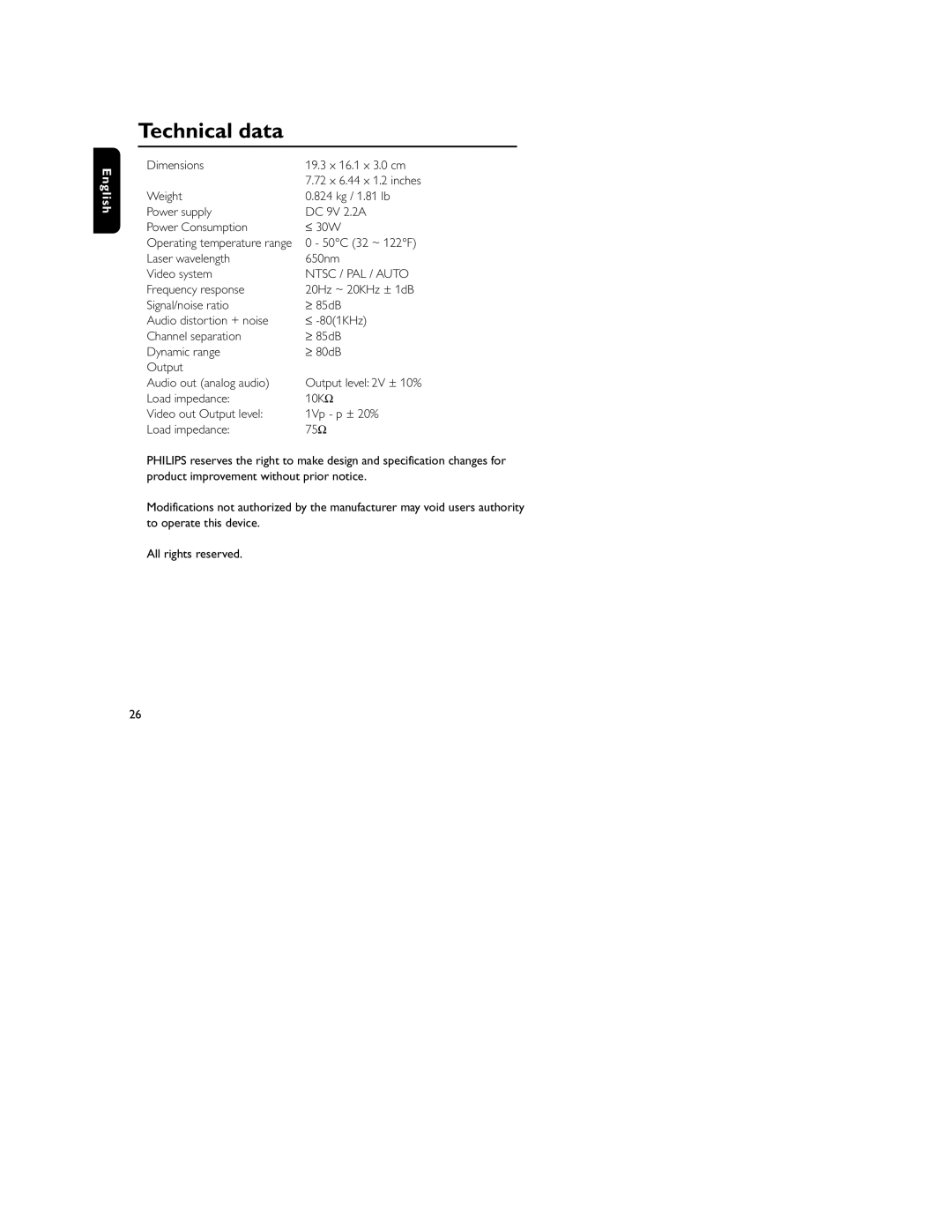 Philips HKGAC450 Technical data, Dimensions 19.3 x 16.1 x 3.0 cm, Laser wavelength 650nm Video system, Ntsc / PAL / Auto 