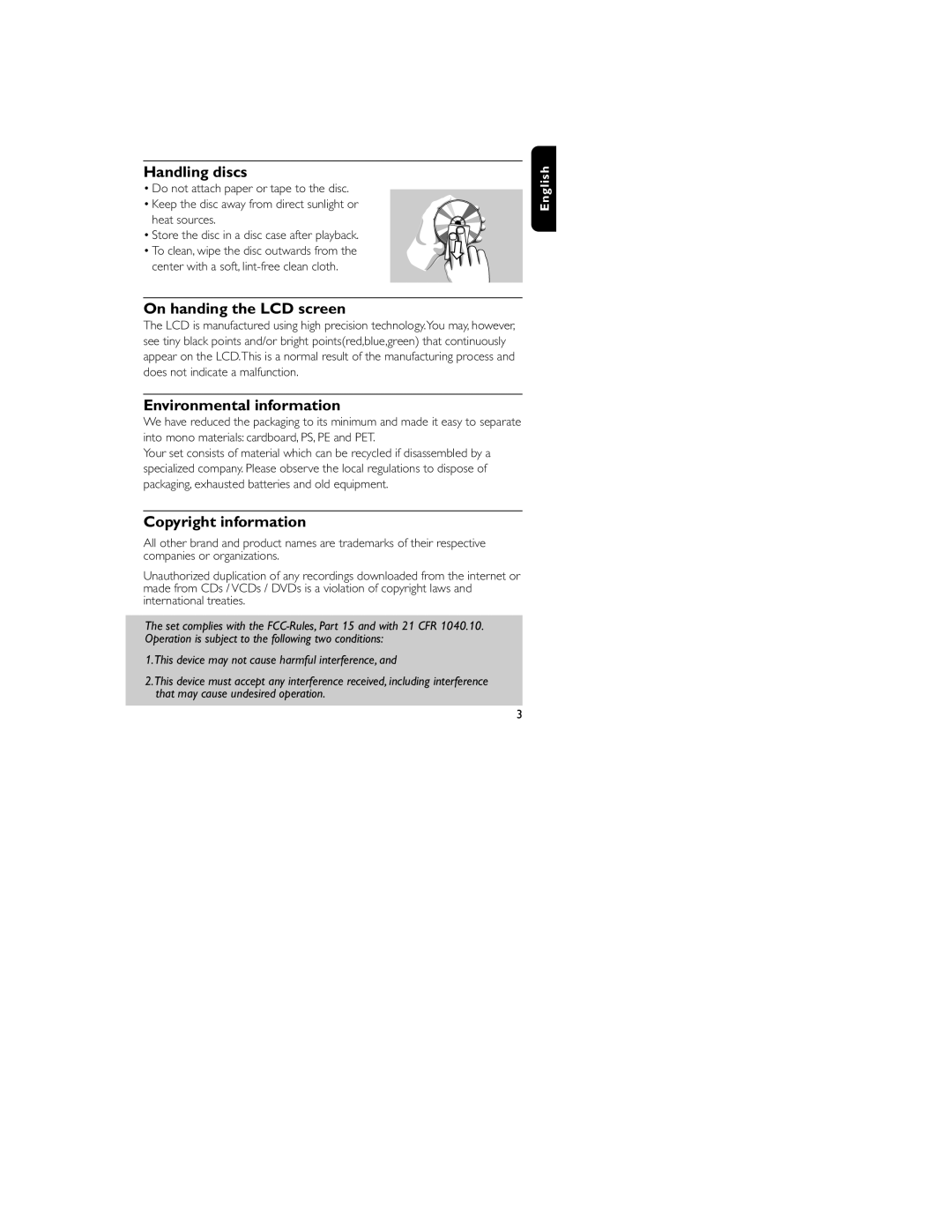 Philips HKGAC450 user manual Handling discs, On handing the LCD screen, Environmental information, Copyright information 