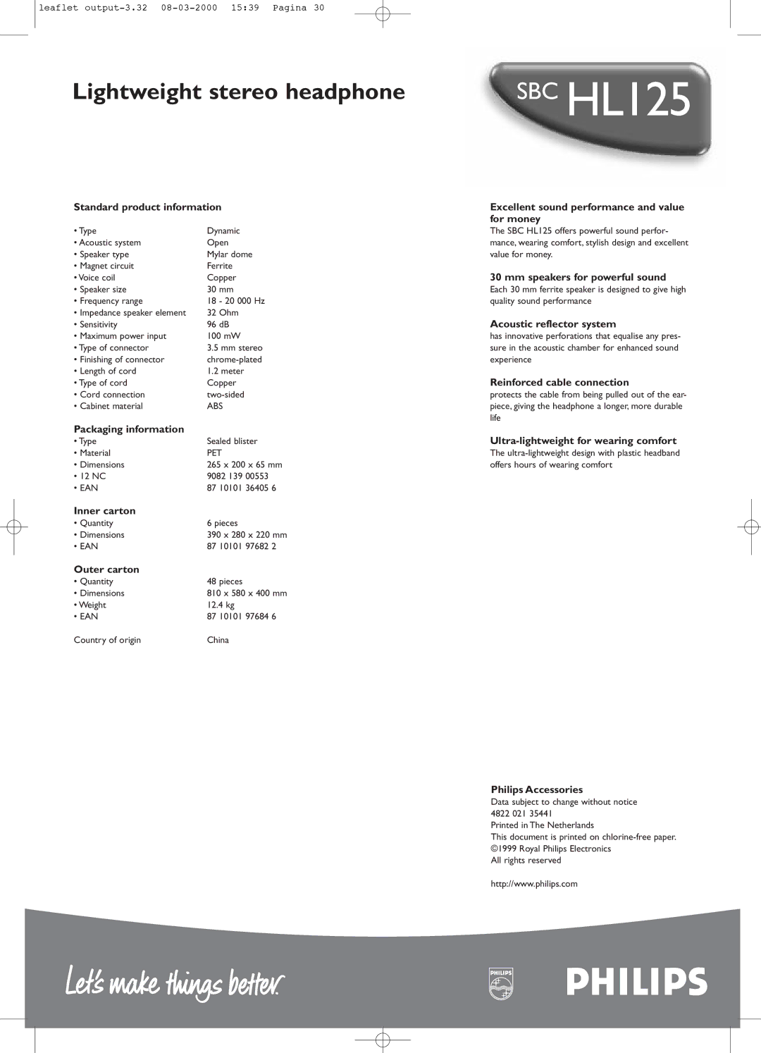 Philips HL125 manual Mm speakers for powerful sound, Acoustic reflector system, Reinforced cable connection, Inner carton 