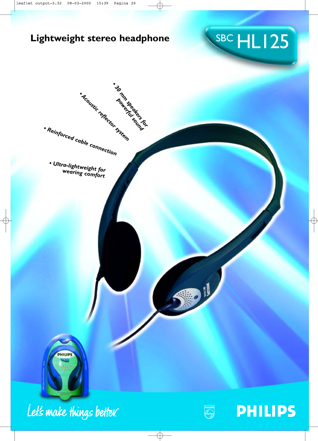 Philips manual SBC HL125, Lightweight stereo headphone, sound, powerful, system, Acoustic, reflector, speakers, cable 