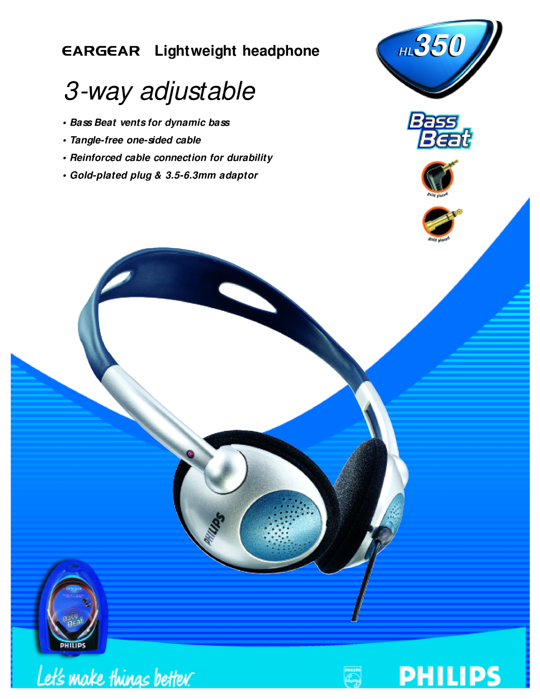 Philips HL350 manual wayadjustable, EARGEAR Lightweight headphone, Bass Beat vents for dynamic bass 