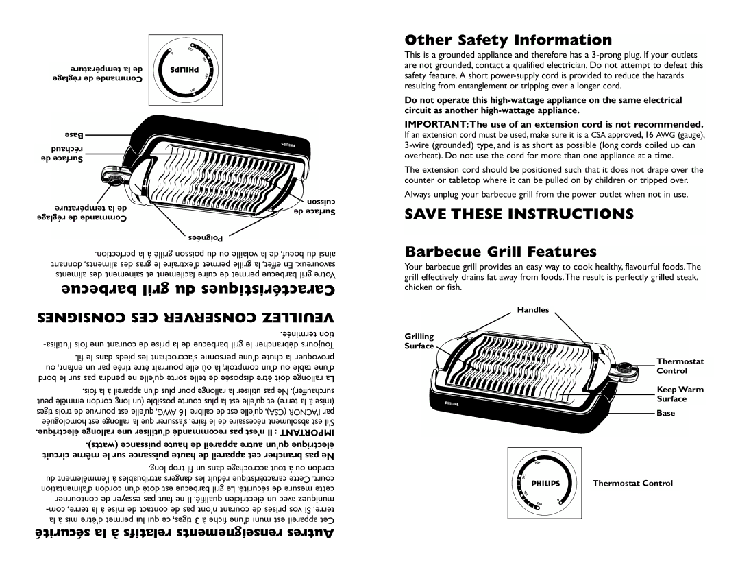 Philips HL4500 manual Barbecue gril du Caractéristiques, Other Safety Information, Barbecue Grill Features, Eétermin tion 