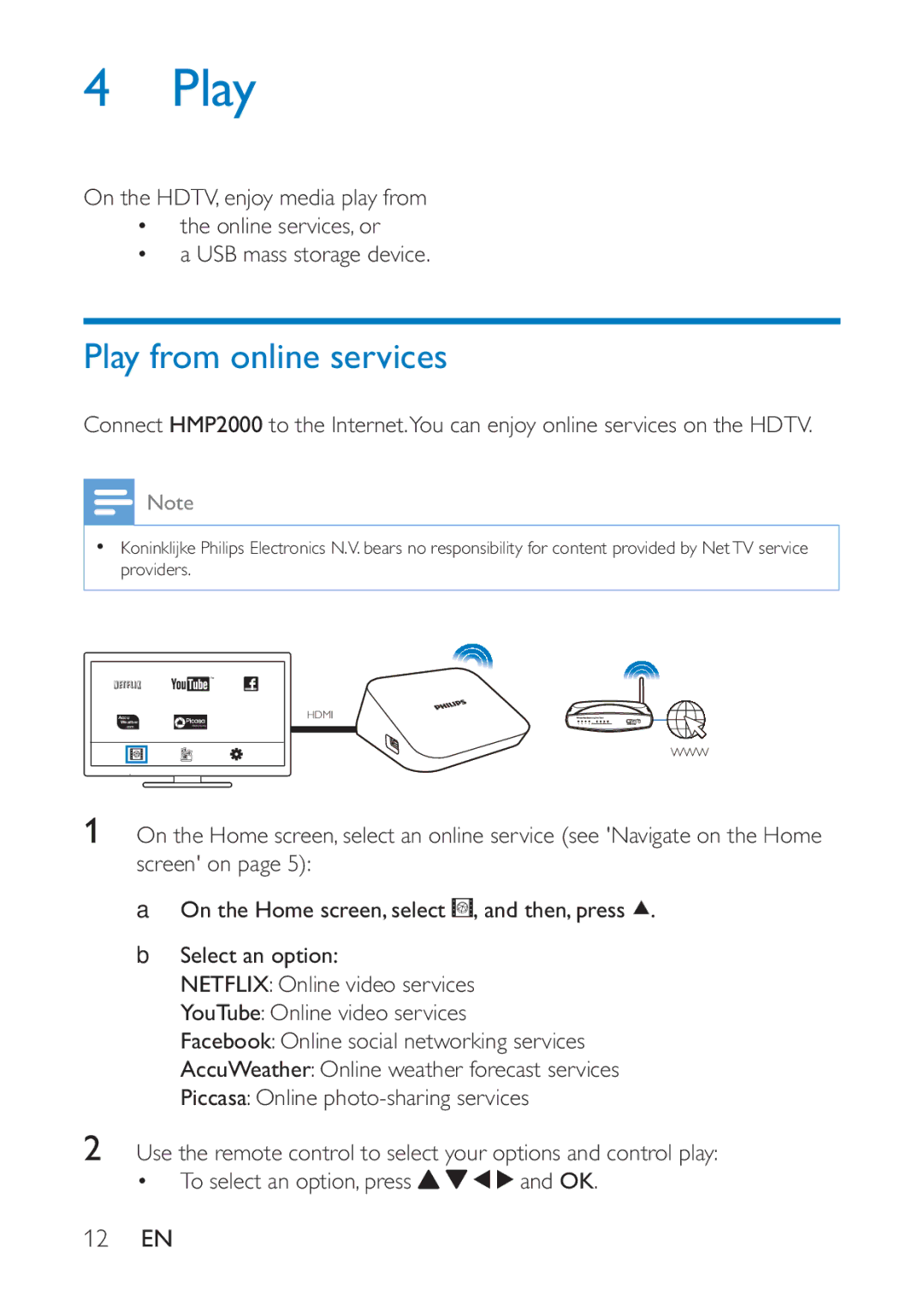 Philips HMP2000 user manual Play, 12 EN 