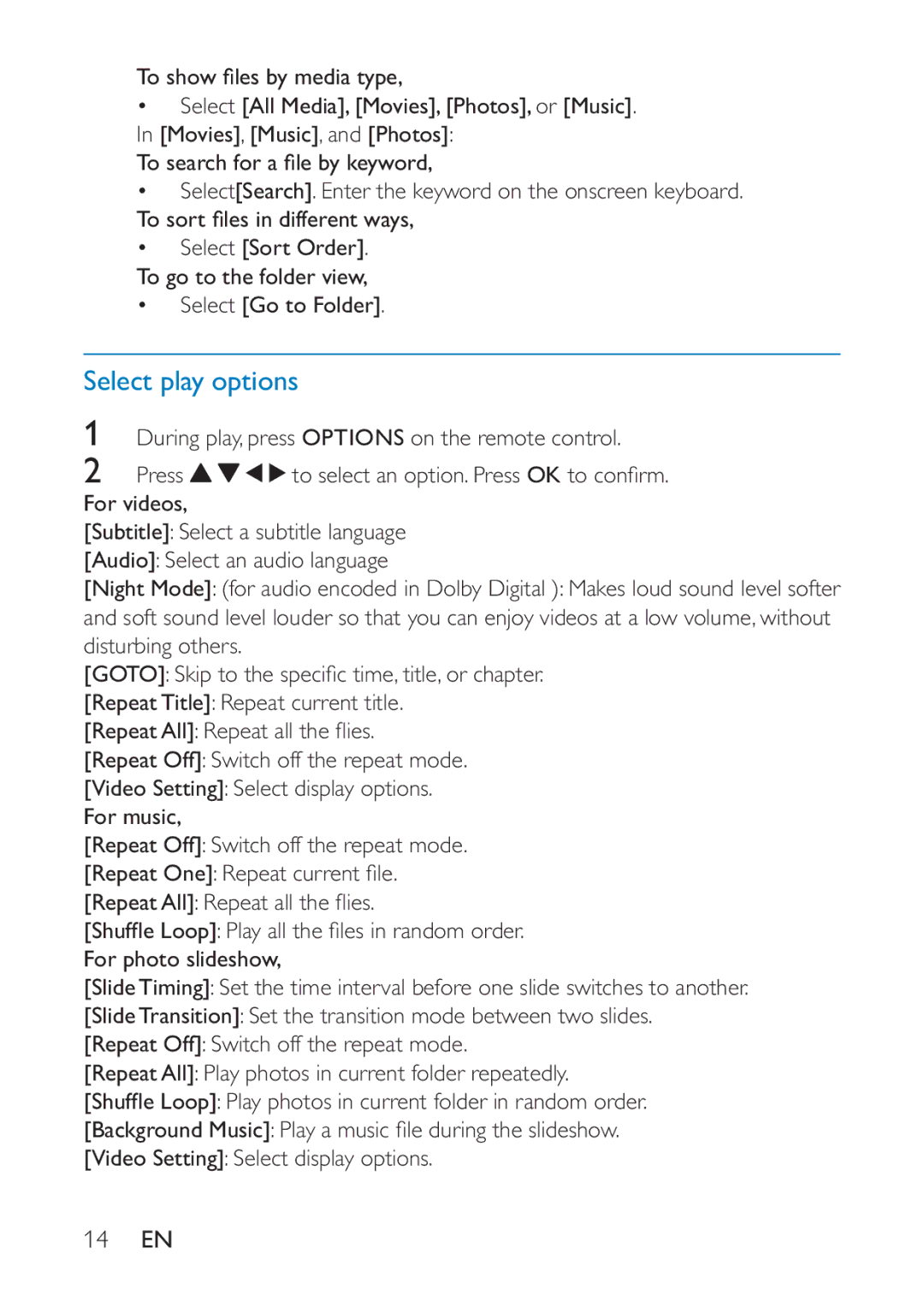 Philips HMP2000 user manual Select play options, 14 EN 