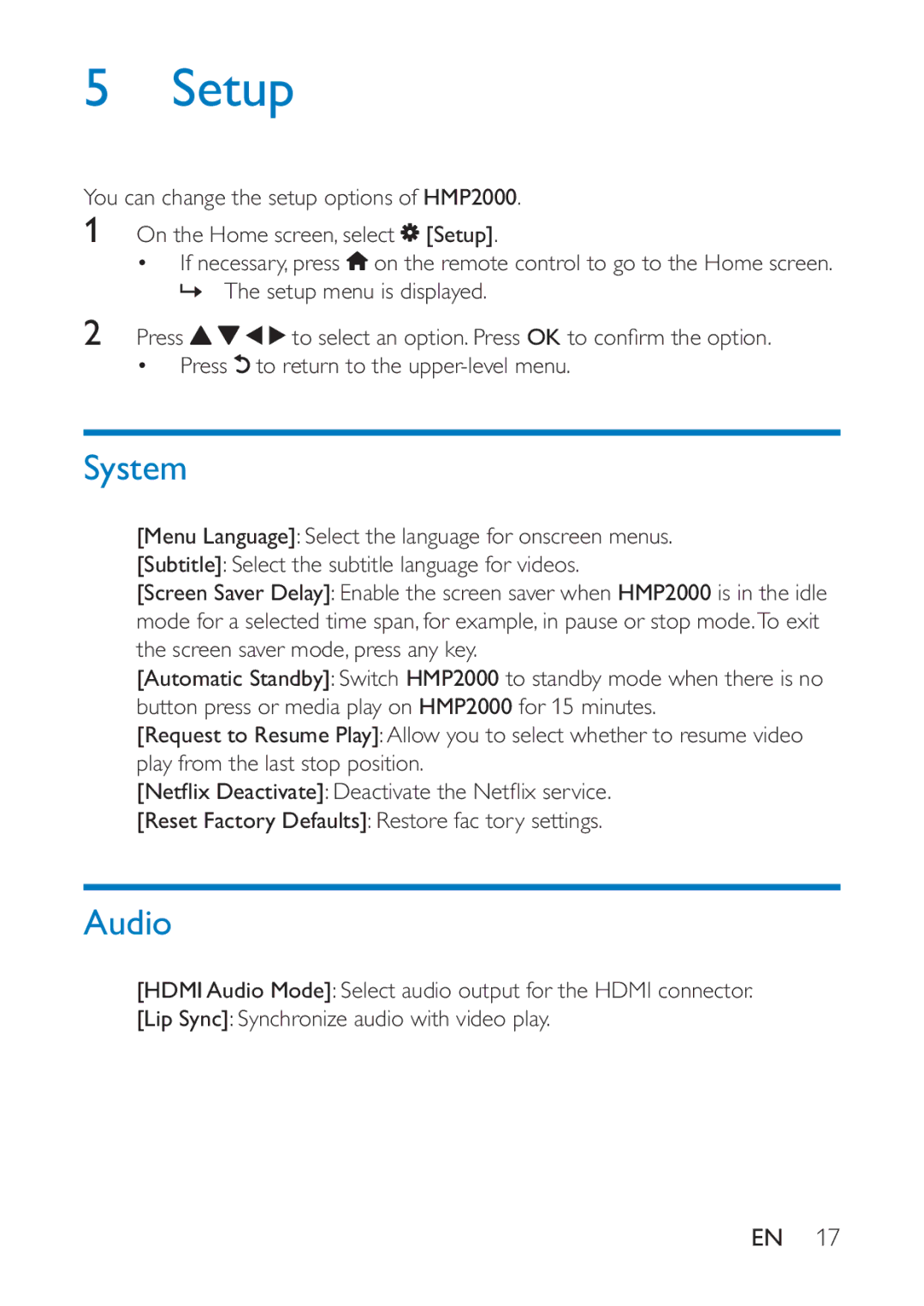 Philips HMP2000 user manual Setup, System 