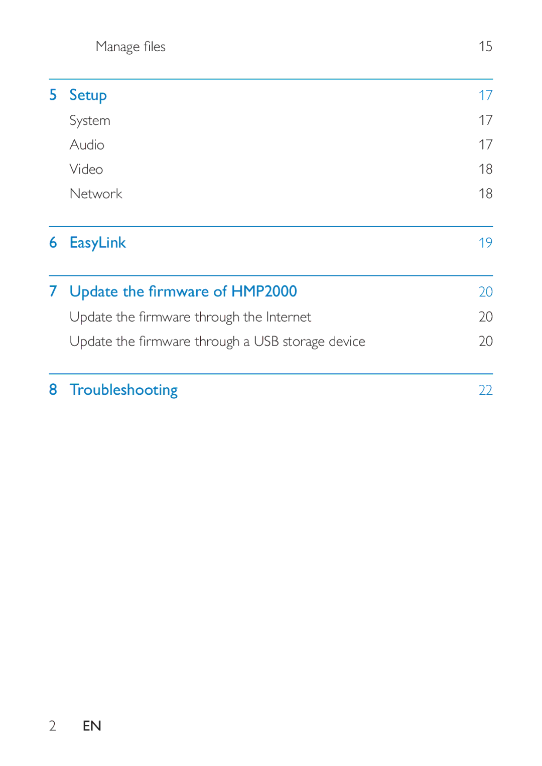 Philips HMP2000 user manual Setup, EasyLink Troubleshooting, System Audio Video Network 