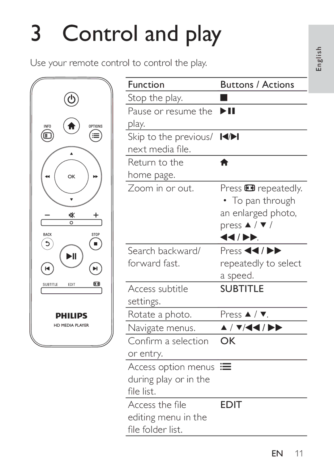 Philips HMP3000 user manual Control and play, Subtitle 