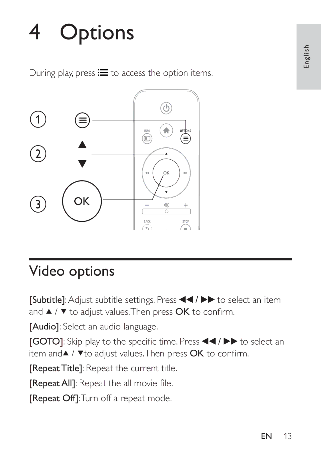 Philips HMP3000 user manual Options, Video options 