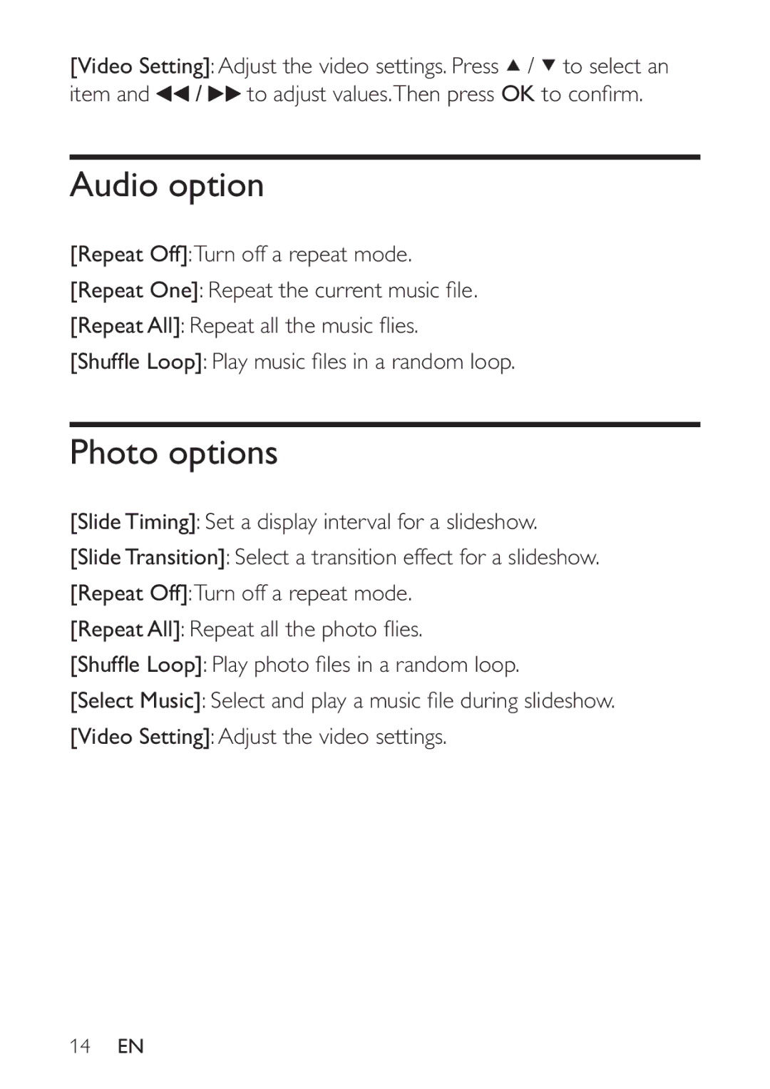 Philips HMP3000 user manual Audio option, Photo options 