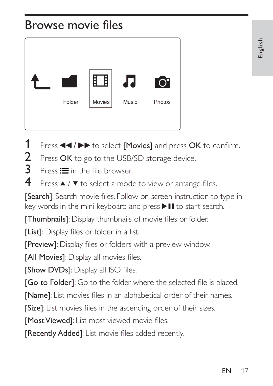 Philips HMP3000 user manual Browse movie ﬁles 