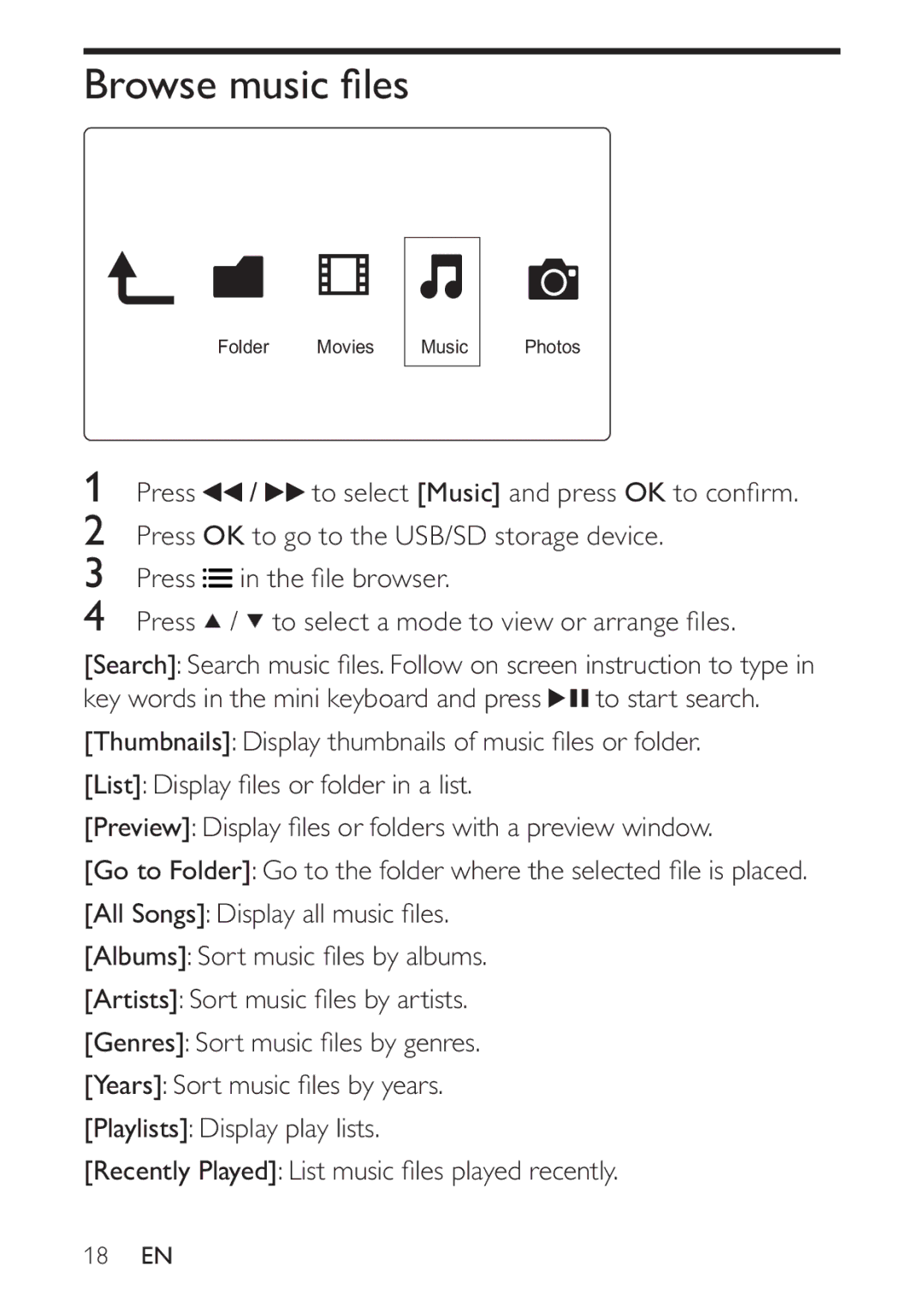 Philips HMP3000 user manual Browse music ﬁles 