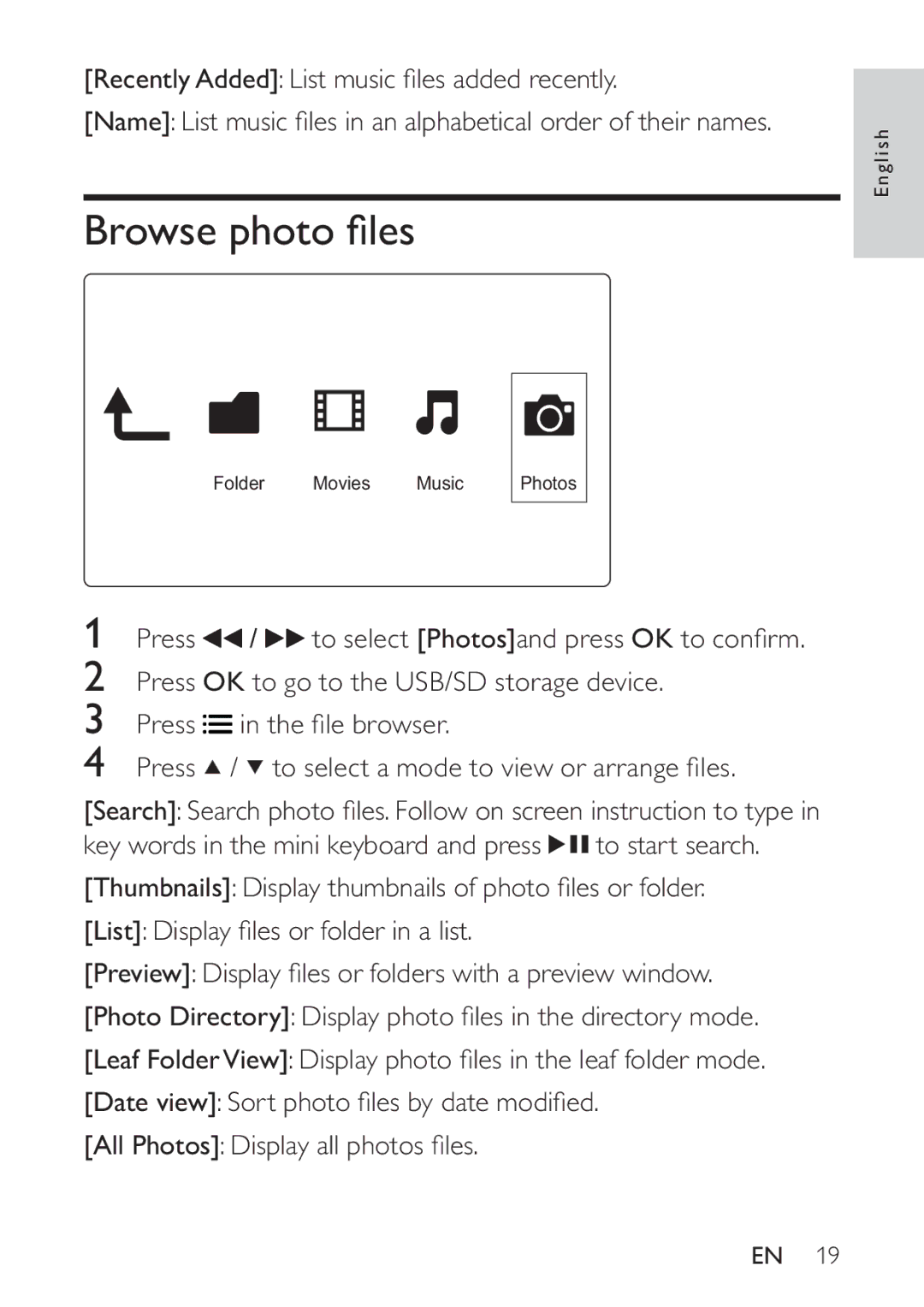 Philips HMP3000 user manual Browse photo ﬁles 