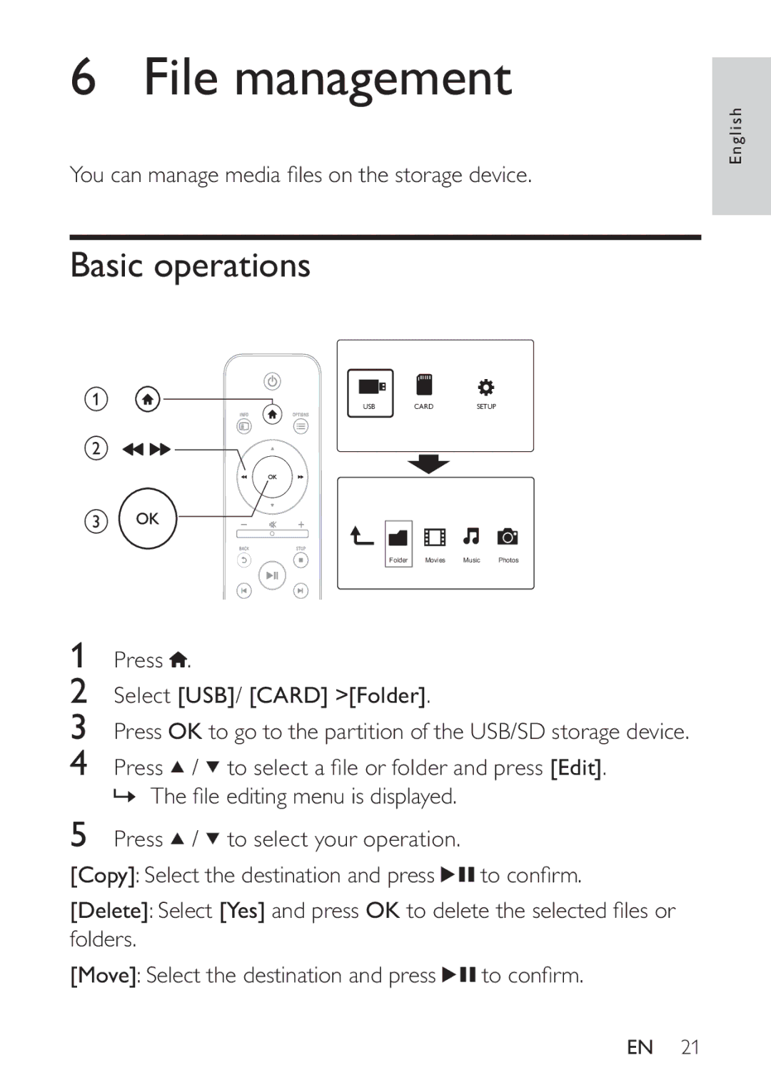 Philips HMP3000 user manual File management, Basic operations 